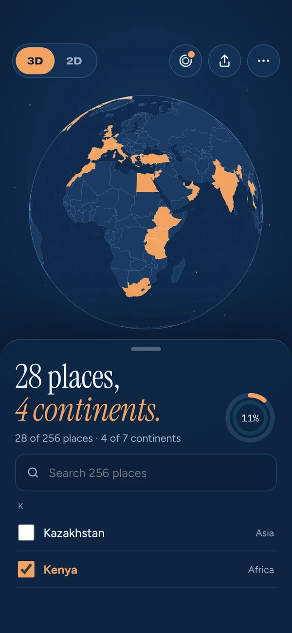 Globetick on iPhone: a 3D globe with Europe, Africa and India ticked in gold, above the count 28 places, 4 continents.