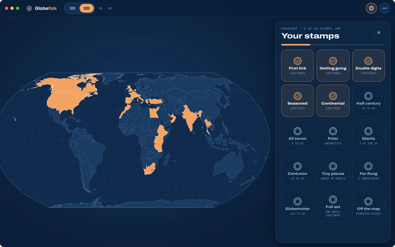 Globetick on Mac: the flat world map with visited countries in gold, beside the passport with 5 of 18 stamps earned.